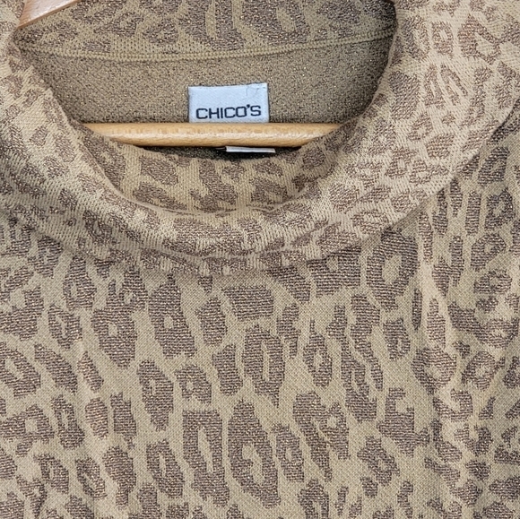 Chico's | Tan Leopard Foldover Turtleneck Sweater with Metallic Shimmer - Picture 2 of 5